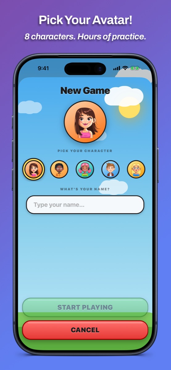 Pick your avatar - eight characters on iPhone.