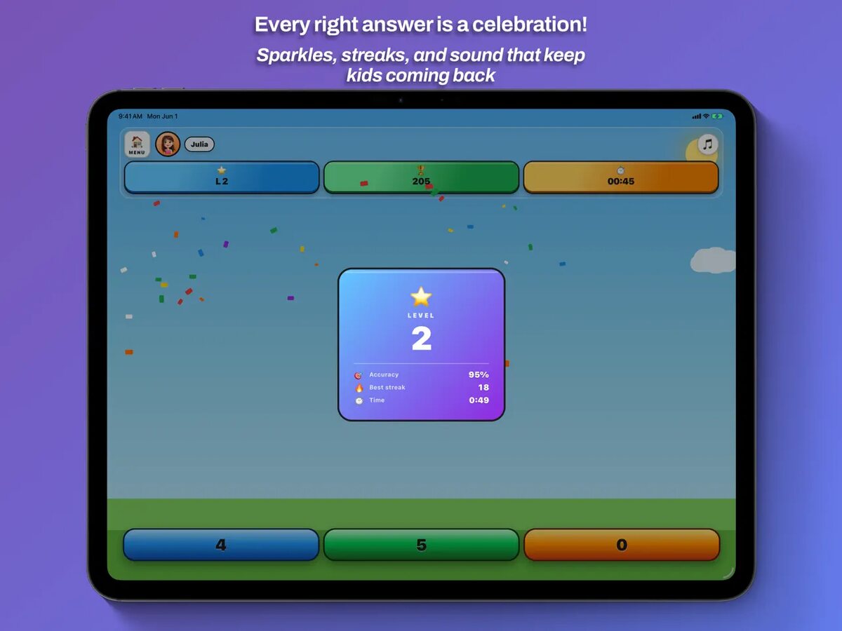 Every right answer is a celebration - sparkles, streaks, and a level-up banner on iPad.