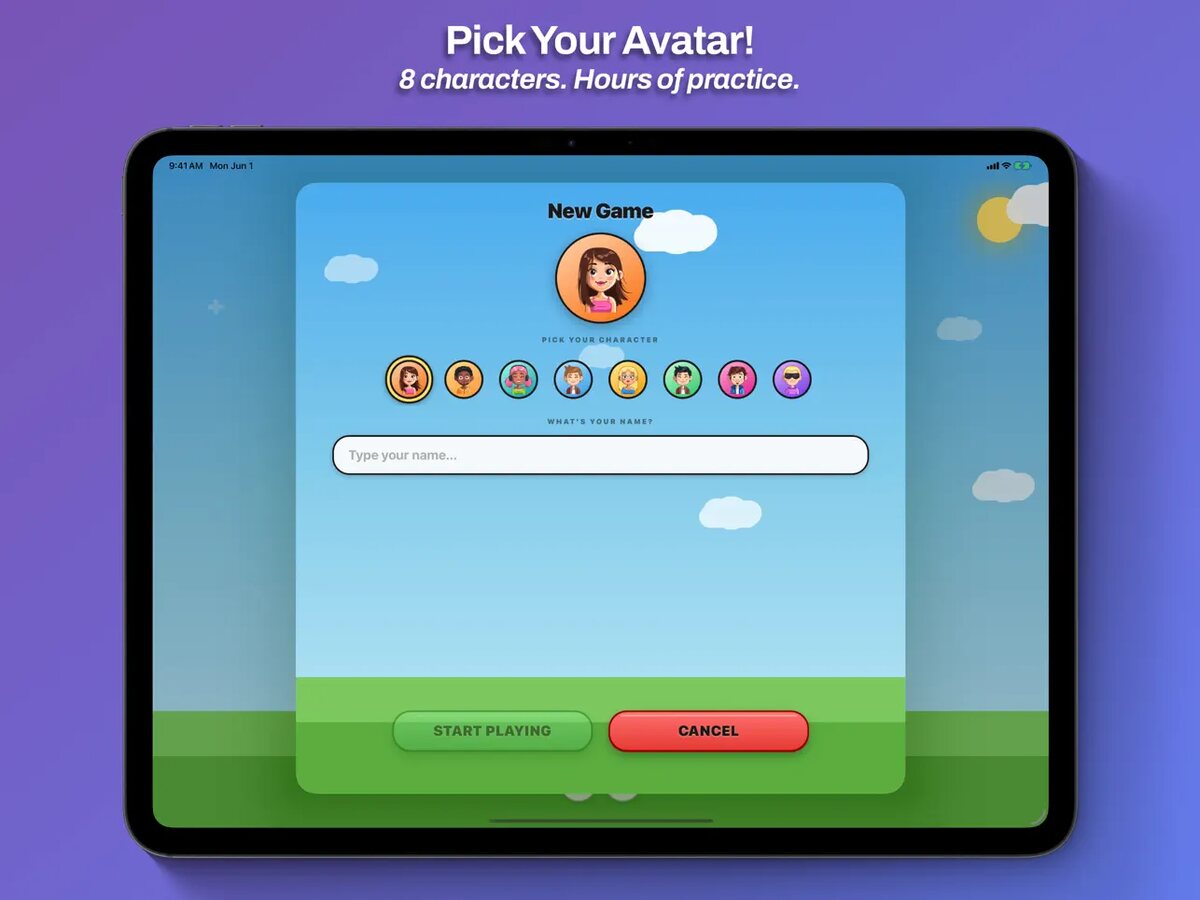 Pick your avatar on iPad - eight characters to choose from before starting a game.