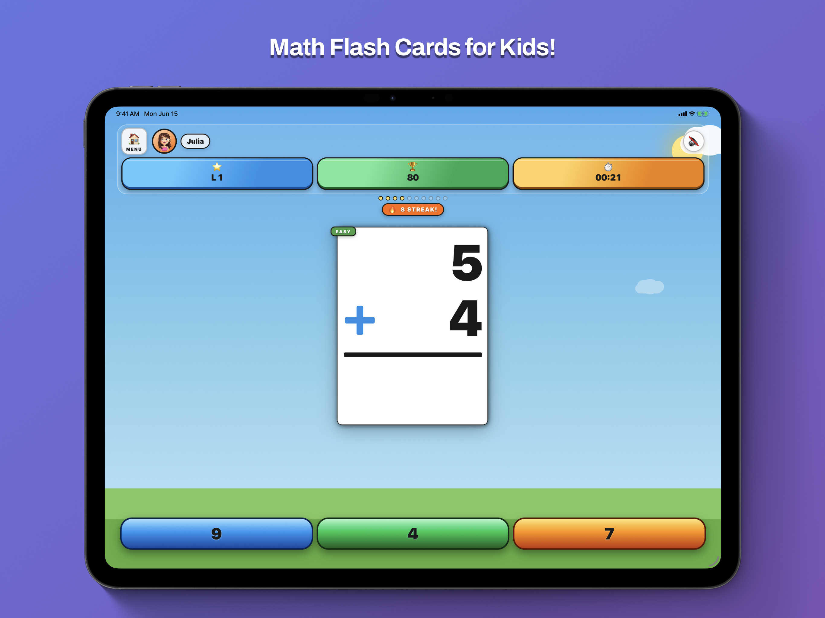 Top Dog Math on iPad - an addition flash card with big tap-to-answer buttons. No ads, no subscriptions.
