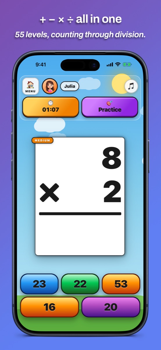 Addition, subtraction, multiplication, and division across 55 levels.