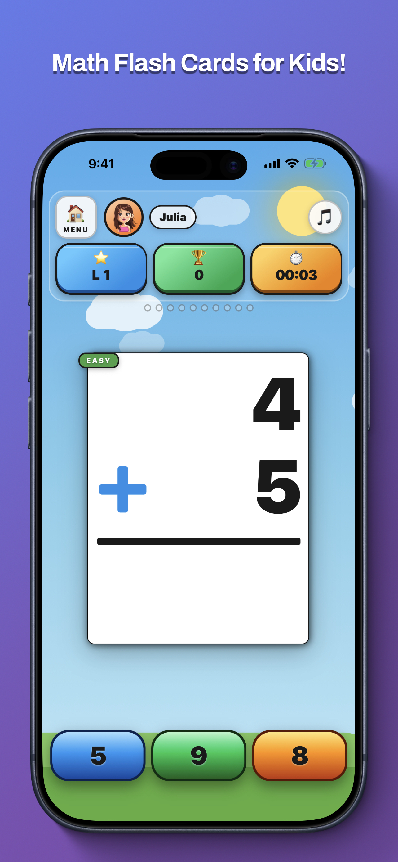 Top Dog Math on iPhone - an addition flash card with tap-to-answer buttons.