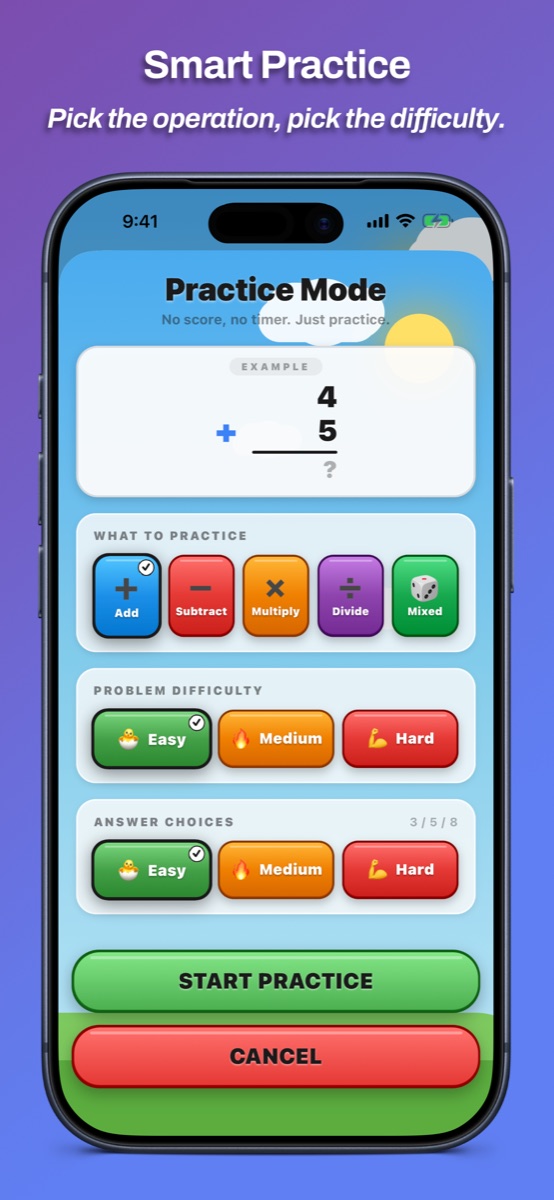 Smart Practice mode - pick the operation and the difficulty.